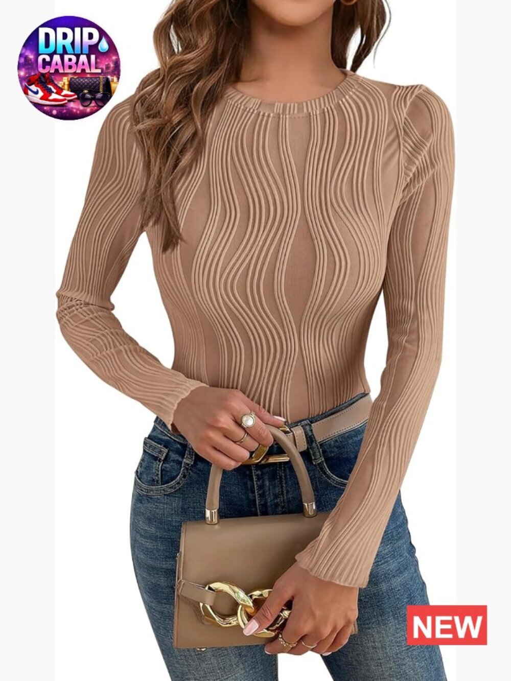 Women's Long Sleeve Crewneck Blouse Fitted Textured Basic Knit T Shirt Y2k